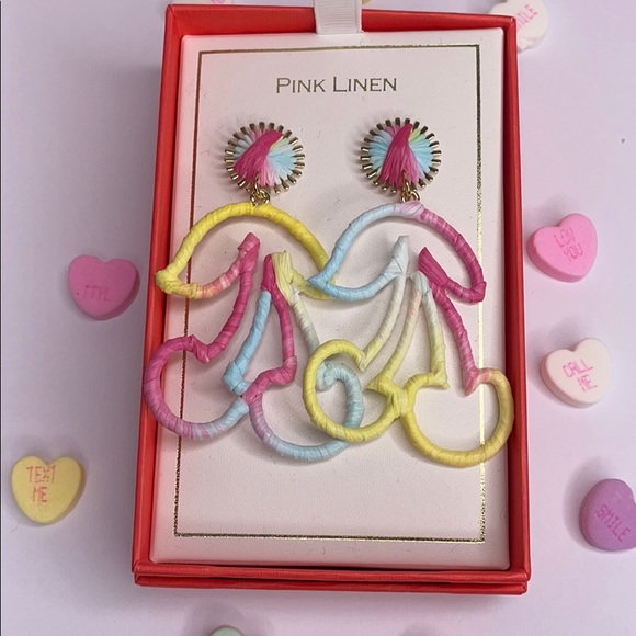 Pink Linen Twine Multicolor Pastel Cherry Shape Post Earrings - Picture 4 of 9